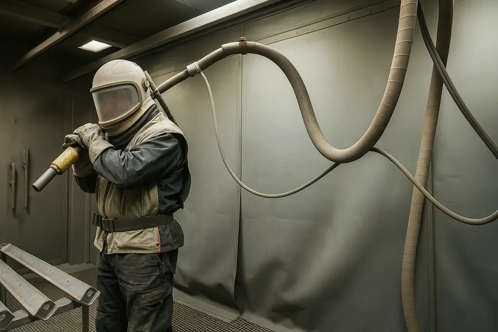 Medewerker straalt metalen onderdelen in industriële straalcabine bij TOS