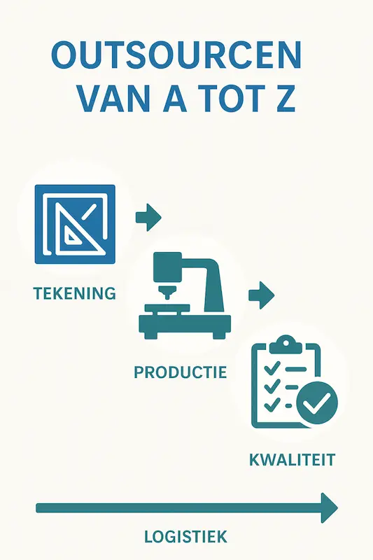 Stappenplan voor outsourcing van metaalproducten: tekening, productie, kwaliteit en logistiek.