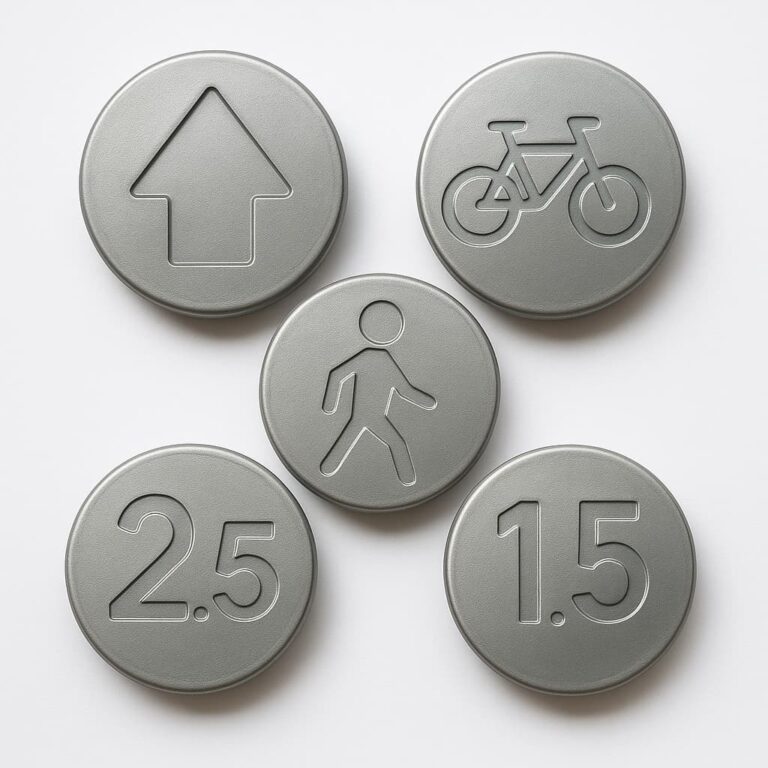 RVS wegdeknagels met symbolen en cijfers, geproduceerd via verloren-was gieten.