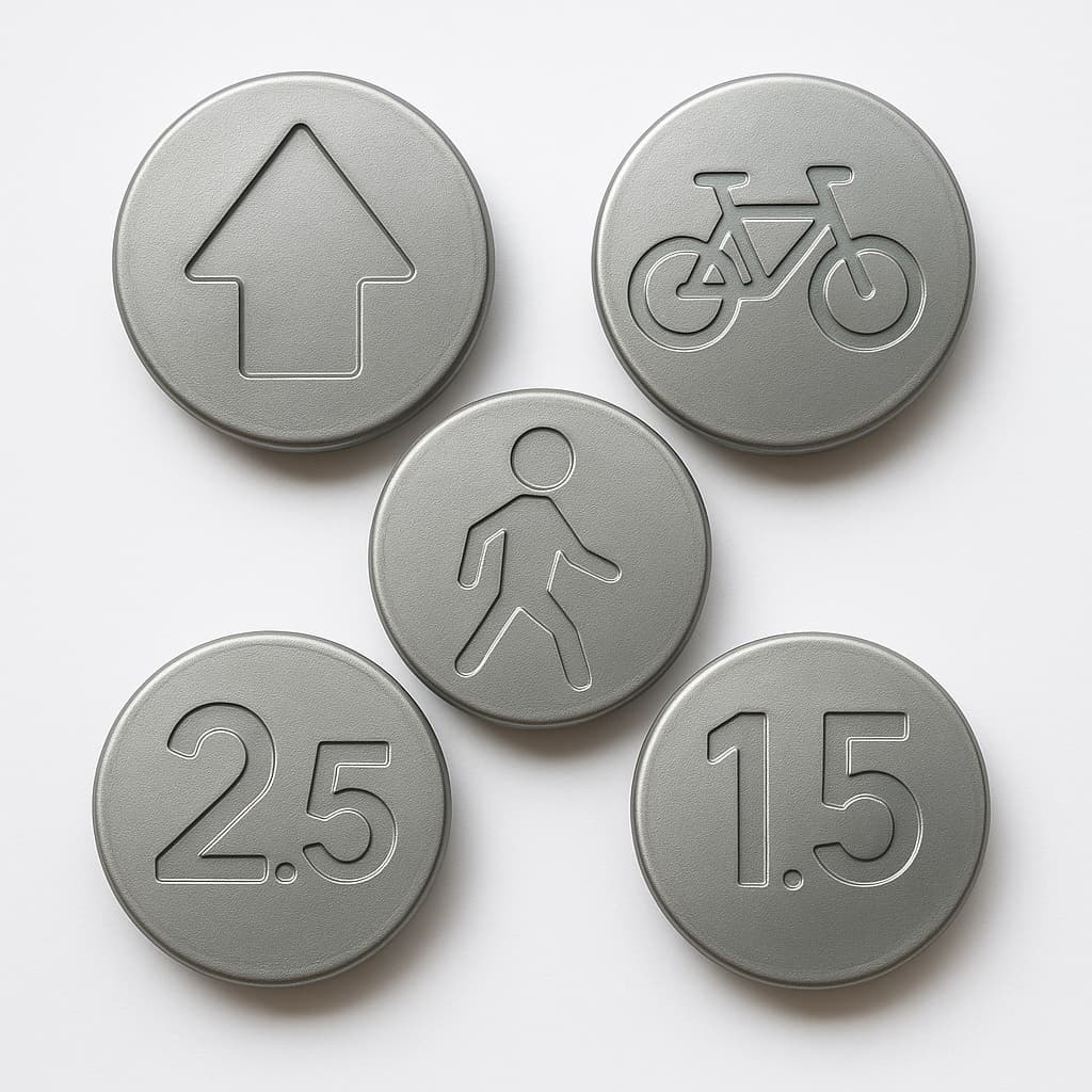 RVS wegdeknagels met symbolen en cijfers, geproduceerd via verloren-was gieten.