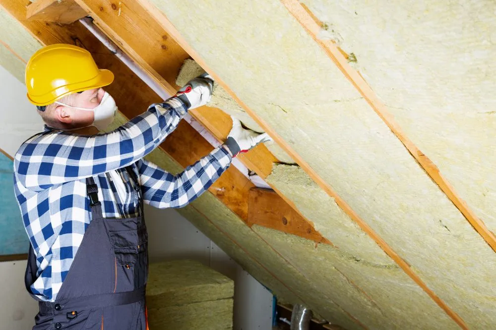 Insulation installer fitting loft insulation in a residential property as part of retrofit work in Manchester