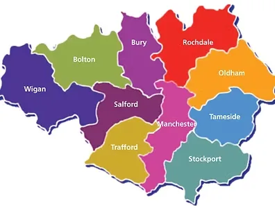 Map of North West England showing regional coverage for retrofit recruitment including Manchester, Liverpool, Preston and surrounding areas